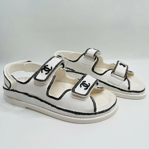 Chanel Dad Sandals NIB White Black Leather CC Logo Flats Strappy Sandals - Picture 7 of 9